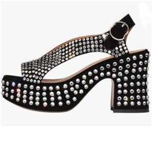 FSJ Black Rhinestones Platform Chunky Heels Ankle Strap Open Toe V-cut Sandals